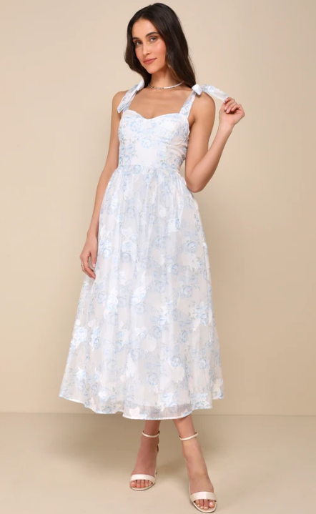 White Floral Burnout Tie-Strap Midi Dress